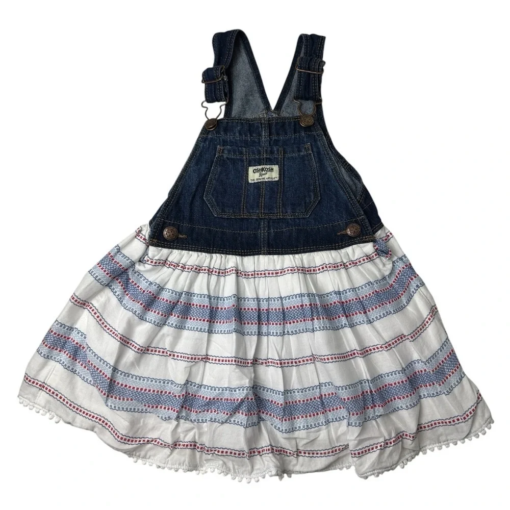 Osh Kosh Baby Girl's 3T Vestbak Bib Overall Dress Re White Blue 4th Of July Jean